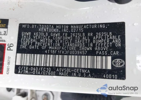 2015 Toyota Camry Le из США, поврежденный, VIN 4T1BF1FK3FU039457